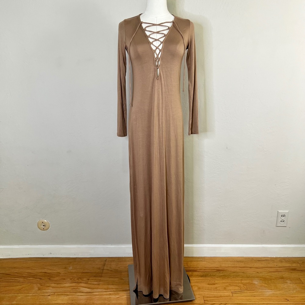 Rachel Pally Dress Jolene Maxi Size XS Brown NEW Lace Up Long Sleeve Modal